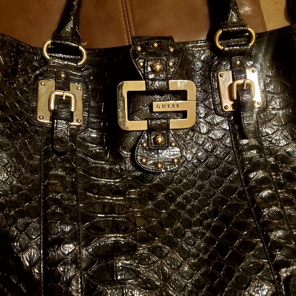 GUESS Black Croc-Embossed Tote Bag